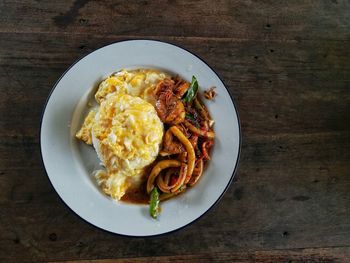 High angle view of food served on table