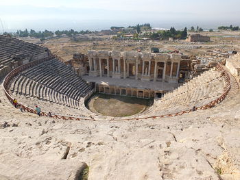 High angle view of old ruins against sky