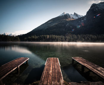 Scenic view of lake by mountains against sky