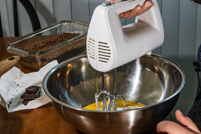 High angle view of person preparing food in kitchen