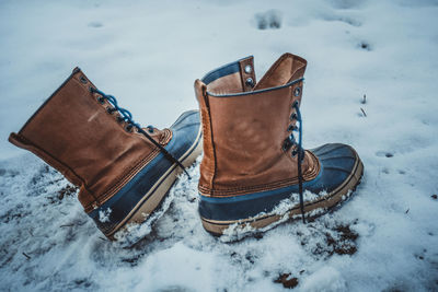 High angle view of shoes on snow covered field