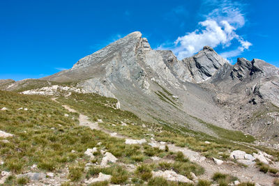 Scenic view of rocky mountains against blue sky