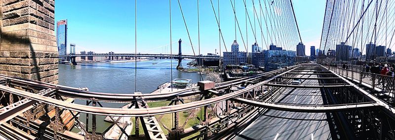 Panoramic view of suspension bridge and buildings against sky