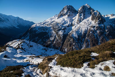 Scenic view of snow covered mountains