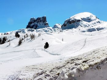 Scenic view of snowcapped mountains against clear blue sky