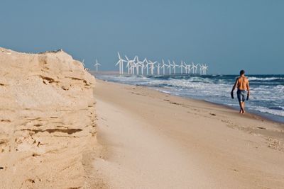 Rear view of man walking on beach