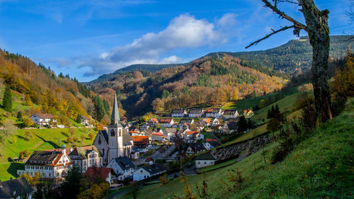 Houses by trees and mountains against sky