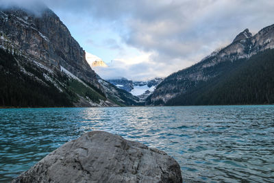 Scenic view of lake and mountains against sky