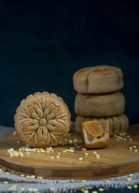 Moon cake for mid autumn festival on the table with dark background