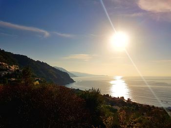 Scenic view of sea against bright sun