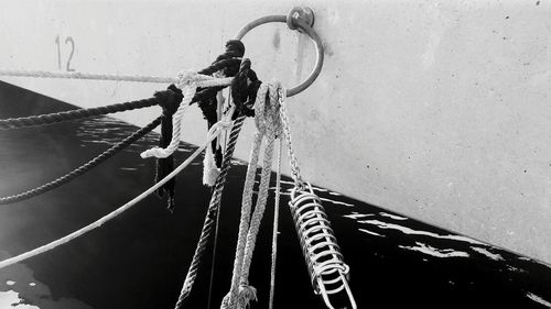 High angle close-up of ropes tied up on boat