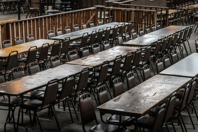 High angle view of empty chairs and tables at restaurant