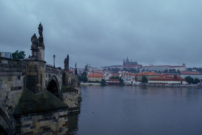 City at waterfront against cloudy sky