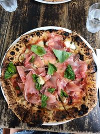 High angle view of pizza on table