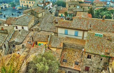 High angle view of houses in city