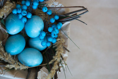 Close-up of eggs in blue container