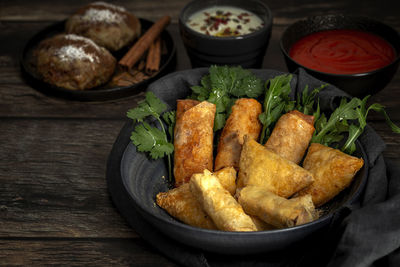 High angle view of food in plate on table