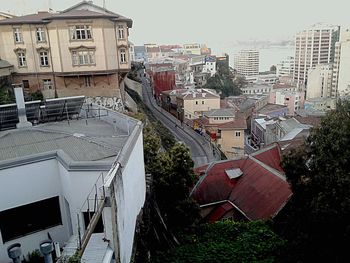 Houses in city against clear sky