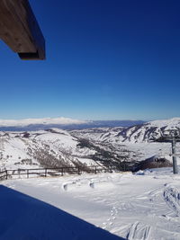 Snow covered mountain against clear blue sky