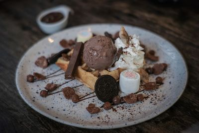 Close-up of ice cream in plate on table