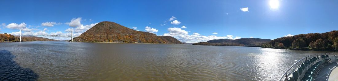 Panoramic view of sea and mountains against blue sky