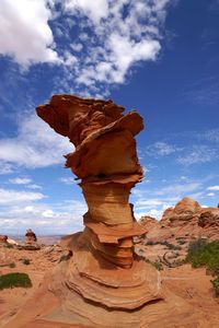 Rock formations on landscape against cloudy sky