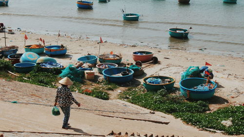 High angle view of people on beach