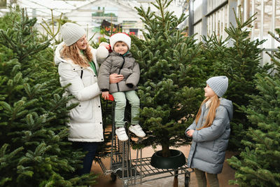 Mother and kids buy a christmas tree at a market.