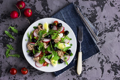 High angle view of meal served on table