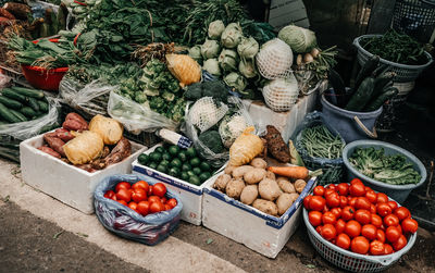 High angle view of vegetables for sale at market stall