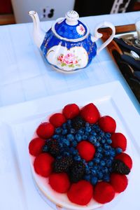 High angle view of strawberries on table