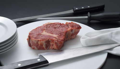 High angle view of meat in plate on table