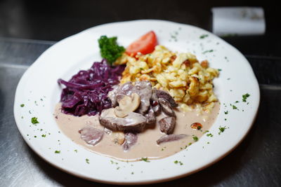 High angle view of food in plate