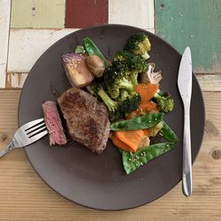 High angle view of food in plate on table