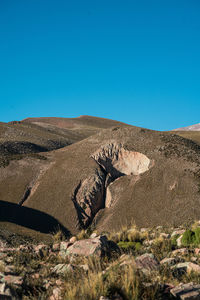 Scenic view of desert against clear blue sky