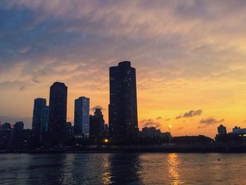City skyline at sunset