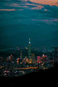 High angle view of illuminated buildings at night