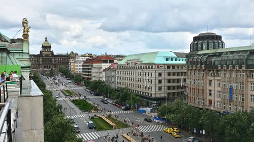 High angle view of wenceslas square against cloudy sky