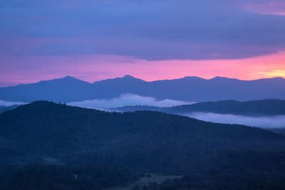 Scenic view of silhouette mountains against sky at sunset