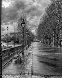 Street amidst bare trees against sky