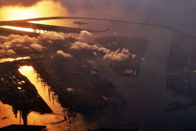 Aerial view of cityscape from airplane