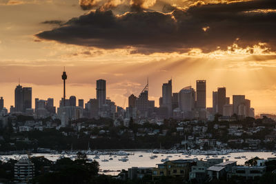 View of cityscape against cloudy sky during sunset