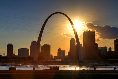 Modern buildings in city against sky during sunset