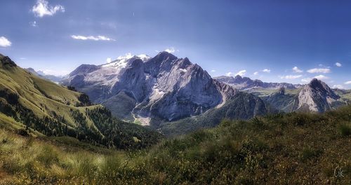 Panoramic view of snowcapped mountains against sky