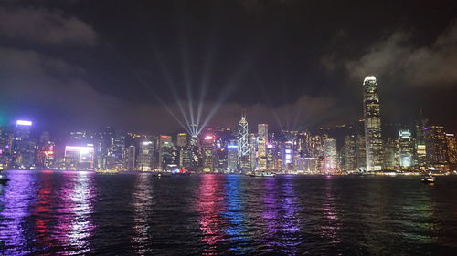 Illuminated buildings in city against sky at night