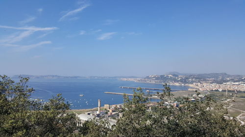 High angle view of sea against blue sky