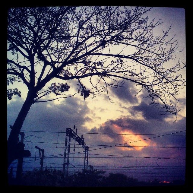 transfer print, bare tree, sunset, silhouette, sky, auto post production filter, cloud - sky, tree, tranquility, scenics, branch, beauty in nature, tranquil scene, power line, nature, electricity pylon, cloud, sun, cloudy, low angle view