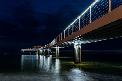 Illuminated bridge over water at night