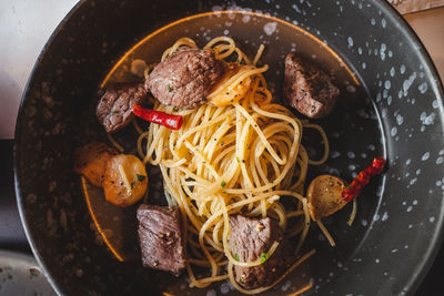 High angle view of noodles in bowl