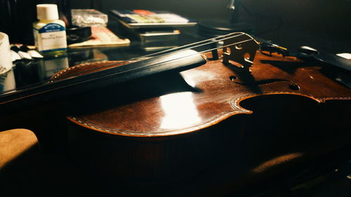 Close-up of violin on table